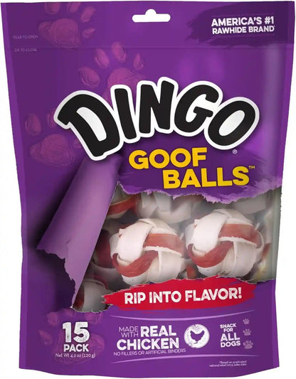 Dingo Goof Balls Rawhide Treats for Small Dogs, with Real Chicken, 15 Ct | Long-Lasting Rawhide Chew Wrapped with Real Chicken, Natural Chewing Action Promotes Clean Teeth, for Adult Dogs1