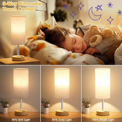 Bedside Table Lamp for Bedroom - 3-Way Dimmable Touch Lamp, USB A+C | LED Bulb Included, 14" Small Nightstand Lamp for Desk, Living Room, Guest Room, Cream Fabric Lampshade, Wood-Grain Metal Base3