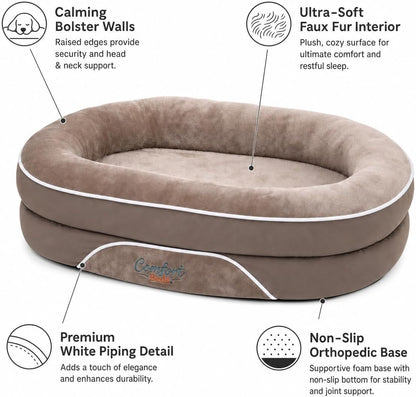 Comfort Beds Orthopedic Dog Bed with Calming Bolster Walls, Faux Fur Interior, Non-Slip Base, Brown2