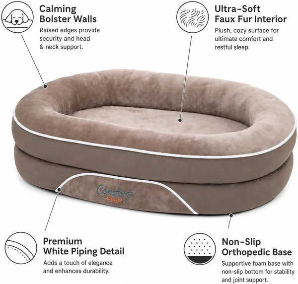 Comfort Beds Orthopedic Dog Bed with Calming Bolster Walls, Faux Fur Interior, Non-Slip Base, Brown2