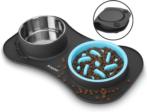 Anipaw Slow Feeder Dog Bowls 3 in 1 Stainless Steel Food and Water Bowls with Non-Spill and Skid Silicone Mat to Slow down Eating for Large Medium Small Breed Size Dogs and Cats | Durable, Non-Spill & Non-Skid with Silicone Mat Design, Slow down Eating, Suitable for Small Medium Large Dogs and Cats1