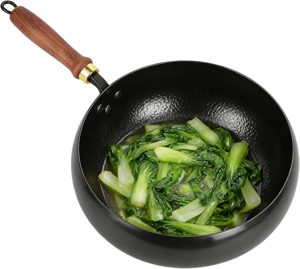 Hand-Forged Hammered Wok, Metal Iron Big Belly Wok Pan, Nonstick Woks & Stir-Fry Pans with Lid, Versatile Wok Geometry, Ergonomic Handle, Bottom Diameter 7.09In, for Gas Stoves (11.02In)1