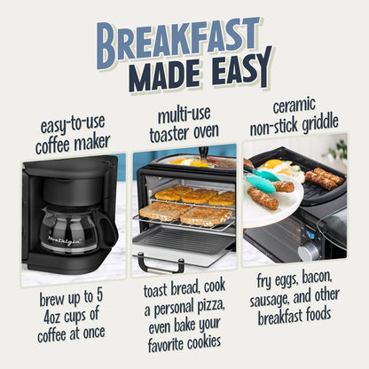3-In-1 Retro Breakfast Station - Includes 5 (4 Oz) Cup Coffee Maker, Non-Stick Ceramic Griddle, and 4-Slice Toaster Oven - Built-In Timer, Reusable Coffee Filter, Space-Saving Design - Black3