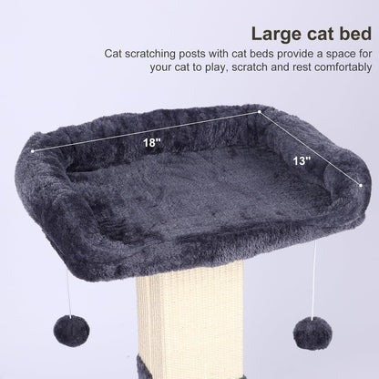 34" Cat Scratching Post for Indoor Cats, Sisal Cat Scratcher with Large Plush Perch, Vertical Posts with Elevated Bed and with Two Dangling Balls, Removable & Washable Cover, Dark Grey6