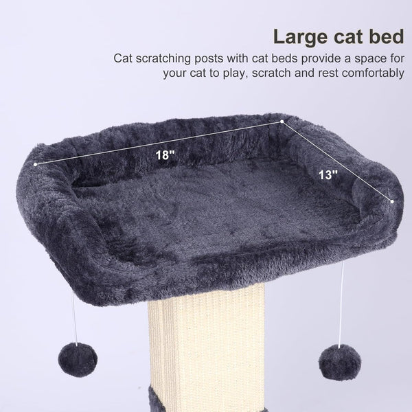 34" Cat Scratching Post for Indoor Cats, Sisal Cat Scratcher with Large Plush Perch, Vertical Posts with Elevated Bed and with Two Dangling Balls, Removable & Washable Cover, Dark Grey6