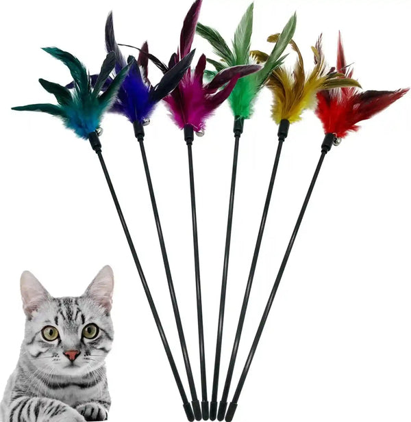 Cat Wand Toy Feather Stick Cat Toys, 6 Pieces Interactive Cat Toy Feathers Wand for Indoor Cats (A)1