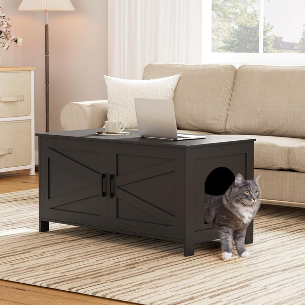 Homhedy 39.4" L Cat Litter Box Enclosure with Barn Door, Black | Wooden Cat Washroom Furniture, Cat House, Pet Storage Cabinet, Dog-Proof, Fit Most of Litter Box, Farmhouse Style7