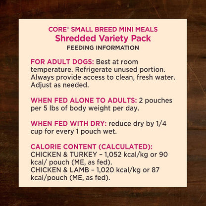 Wellness CORE Small Breed Mini Meals Shredded Variety Pack Adult Wet Dog Food, Grain Free, Natural, 3 Oz, Pack of 128
