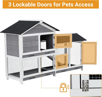 Garvee 58'' Bunny Hutch Indoor Bunny Cage, with 3 Removable Trays | Wooden Waterproof Roof Rabbit Hutch Indoor/Outdoor, 2-Tier Bunny House/Chicken Coop, Gray and Black3