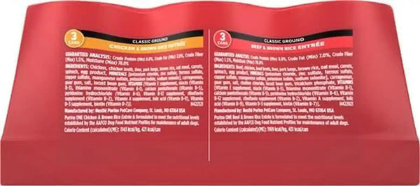 Purina ONE Classic Ground Chicken and Brown Rice, and Beef and Brown Rice Entrees Wet Dog Food Variety Pack - (Pack of 6) 13 Oz. Cans4