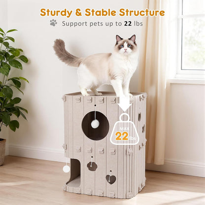 Cat House for Indoor Cats - 2-Story Enclosed Cat Bed Cave for Multiple & Large Cats, Felt Covered Pet Hideaway Tunnel Condo House, Kitty Hut Hideout Cube, Scratch Resistant, Beige5