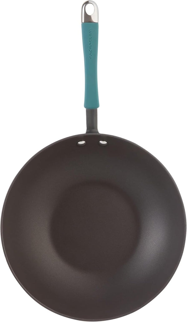Cucina Hard-Anodized Nonstick Covered Stir Fry Pan, 11-Inch, Gray, Agave Blue Handles9
