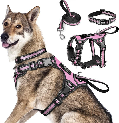 WINSEE Pet Harness Collar and Leash Set, All-In-One Reflective Dog Harness No Pull with Adjustable Buckles for Puppies, Small, Medium, Large, and Extra-Large Dogs (Large, Pink)12