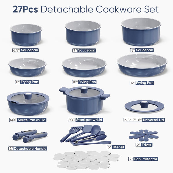 27Pcs Ceramic Cookware Set, Pots and Pans Set with Detachable Handle | Non-Stick, Non-Toxic, PFAS and PFOA Free, Induction Compatible, Dishwasher & Oven Safe, Space Saving, Camping Cooking, Blue2