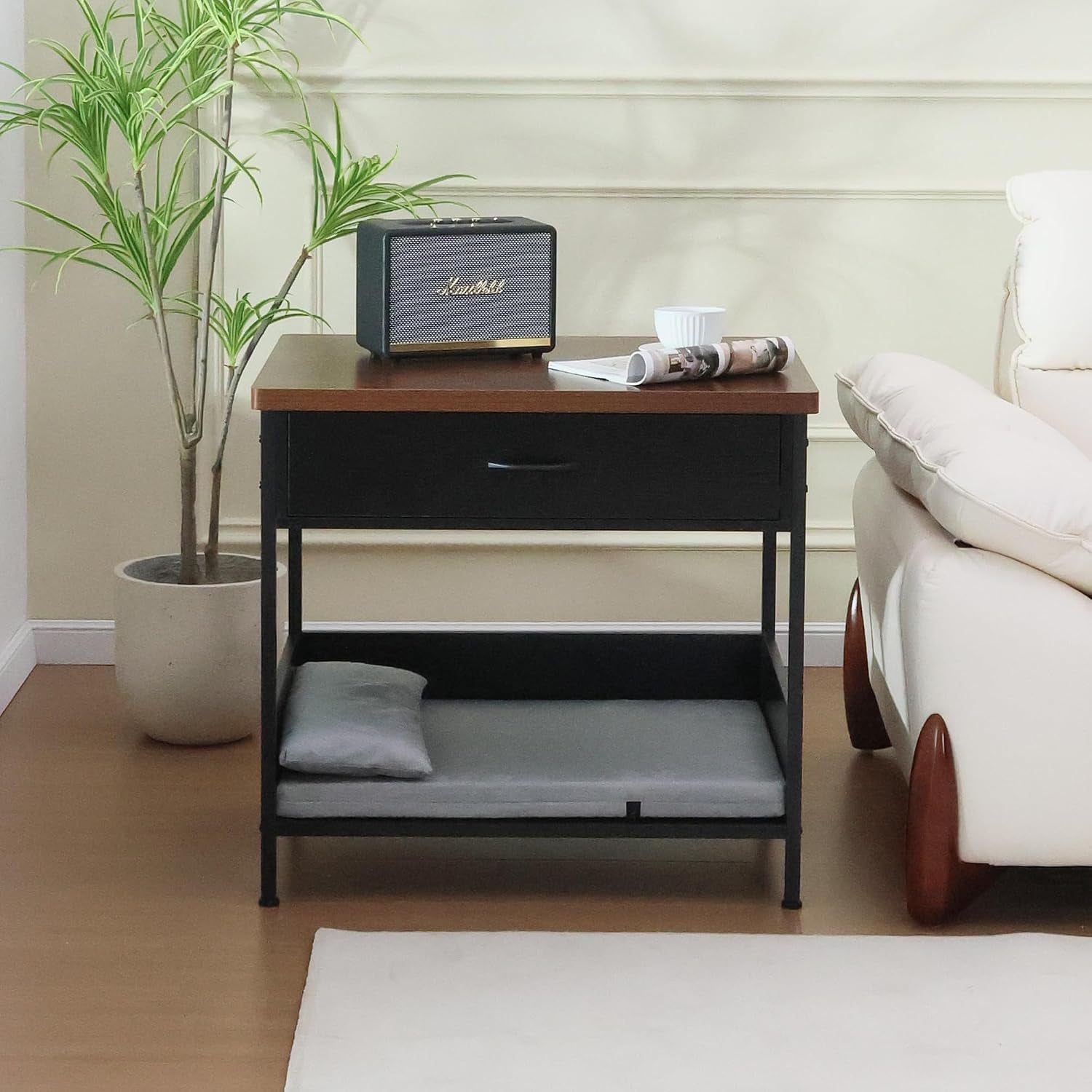 dog-bed-end-table-with-storage-drawer-and-washable-cushion-black-walnut-open-elevated-dog-bed-furniture-for-small-medium-dogs-up-to-50-lbs-metal-frame-drawer-for-living-room-bedroom-bedside