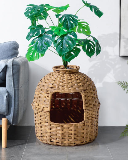 SETVSON Cat Litter Box Plant Furniture Enclosure, Rattan PE House, Natural | Decorative Planter Design, Removable Top for Easy Cleaning, Includes Artificial Plants, Real Stones, 20 X 20 Inches2