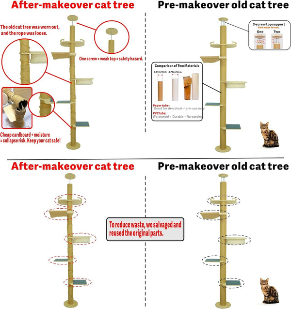 Floor to Ceiling Cat Scratching Post Tree, Adjustable Height 40In-120In Tall PVC Cat Climbing Pole, Sturdy Cat Activity Tower for Indoor Cats to Climb, Scratch & Play5