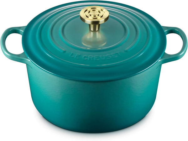 Le Creuset Signature 6.5-Quart Deep round Dutch Oven with Light Gold Crucible Knob - Enameled Cast Iron (Bleu Riviera)1