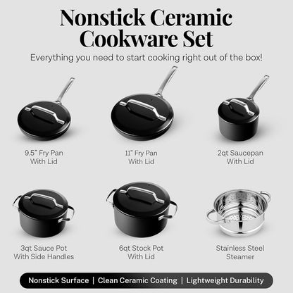 Modern 11 Pc Ceramic Pots and Pans Set Non Stick, Professional Elegant Kitchen Cookware Sets with Steamer for Cooking, Non Toxic Made without PFOS PFOS, Dishwasher & Oven Safe3