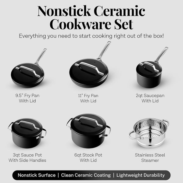 Modern 11 Pc Ceramic Pots and Pans Set Non Stick, Professional Elegant Kitchen Cookware Sets with Steamer for Cooking, Non Toxic Made without PFOS PFOS, Dishwasher & Oven Safe3