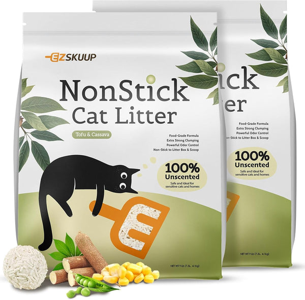 EZSKUUP Non-Stick Bottom Tofu Cat Litter Mix Cassava, Strong Clumping Low Tracking Kitty Litter, Natural Biodegradable Litter, Plant Odor Control, Low Dust Easy to Scoop, 9Lb8