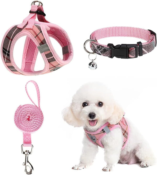 EXPAWLORER Plaid Small Dog Harness and Leash Set with Airtag Holder - No Pull Soft Padded Step in Dog Vest Harness Medium Sized Dog, Reflective Puppy Harness, Collar and Leash for Walking, Khaki S41