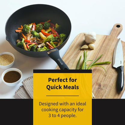 Stir Fry Wok 12" Aluminum Nonstick Pan with Soft Touch Handle and Flat Bottom, Black6