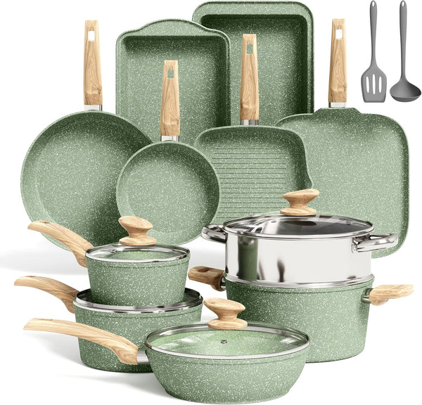 17Pcs Green Induction Cookware Set, Nonstick Pots and Pans | Sage Green Granite Coating, Healthy Non Toxic Kitchen Cooking Pans and Pots Set Non Stick1