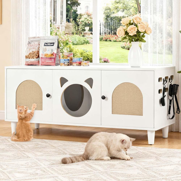 Anwick Cat Litter Box Enclosure Cabinet Furniture | Modern 2-In-1 Wooden Cat House Cabinet with Storage Hook and Scratch Board,White4
