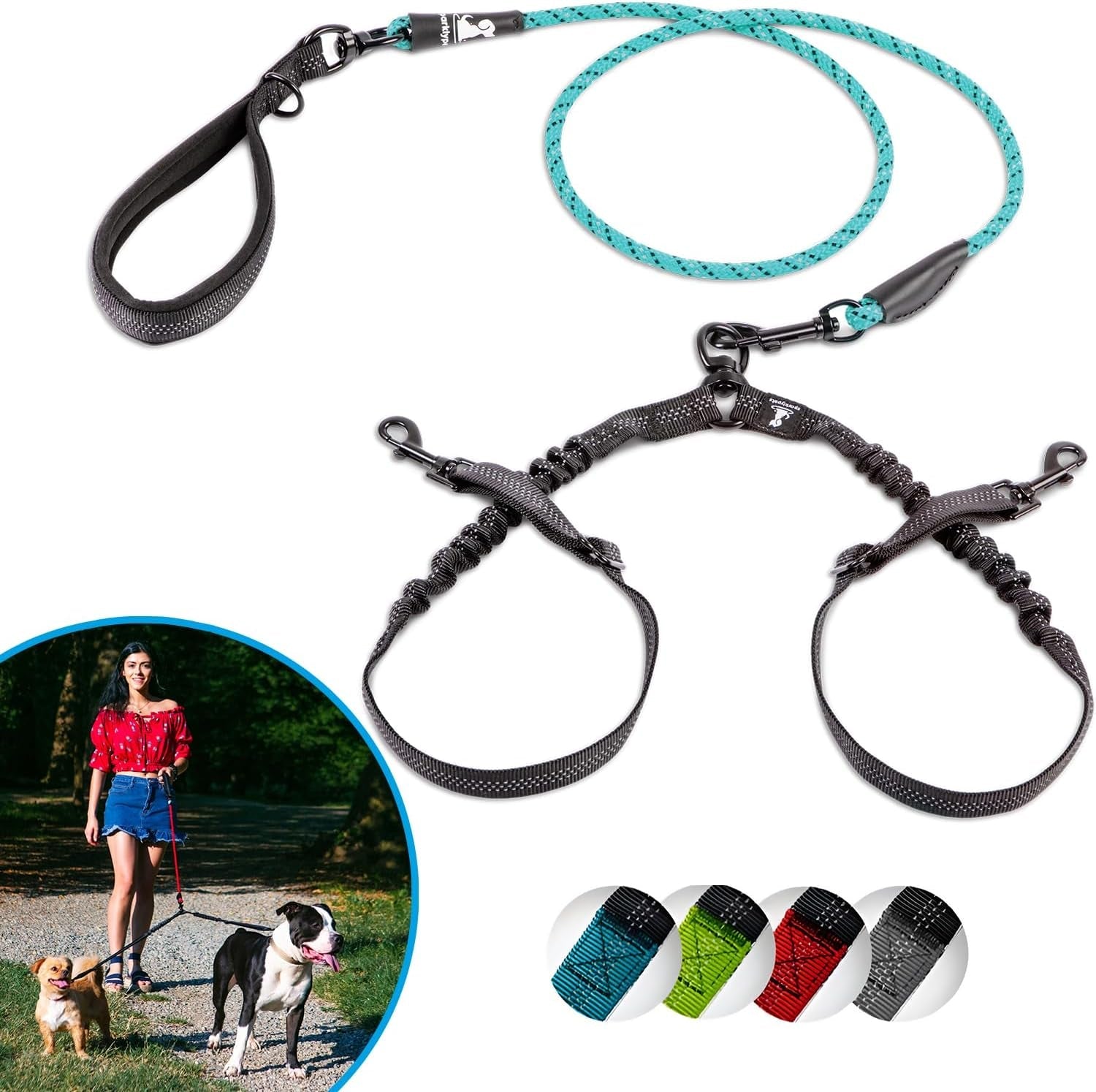 sparklypets-double-dog-leash-for-2-dogs-rope-bungee-dual-leash-for-medium-and-large-breeds-with-padded-handles-tangle-free-teal-medium-large