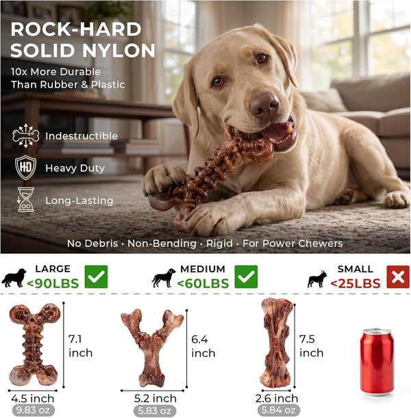 Kseroo 3-Pack Indestructible Dog Chew Toys for Aggressive Chewers, 25-90Lbs | Bacon Flavored Rock-Hard Solid Nylon Dog Bones for Medium & Large Breeds, Keeps Them Busy, Dental Textured, Long Lasting - XL2