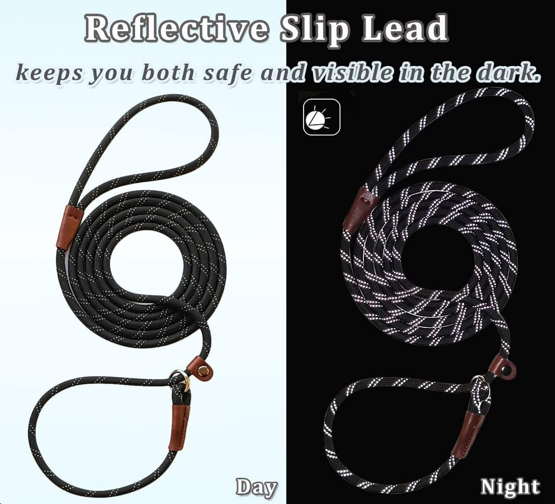 wyuze-8ft-slip-lead-dog-leash-adjustable-slip-collar-puppy-training-lead-2-pack-1-3-reflective-rope-leash-lightweight-easy-use-for-small-medium-dogs-no-pull-walking-black-orange