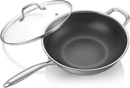 12.5-Inch Hybrid Stainless Steel Wok Pan with Lid, Laser-Textured Nonstick Stir Fry Pan, Pfoa-Free, Induction Compatible, Oven & Dishwasher Safe for All Cooktops1