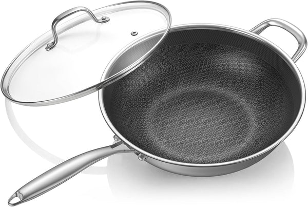 12.5-Inch Hybrid Stainless Steel Wok Pan with Lid, Laser-Textured Nonstick Stir Fry Pan, Pfoa-Free, Induction Compatible, Oven & Dishwasher Safe for All Cooktops1