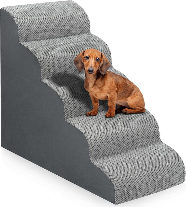Dog Stairs for Bed 28.7”H, 5-Step Dog Ramp, Non-Slip Sturdy Pet Steps for Small Dogs & Cats to Get on High Bed or Couches, Grey1