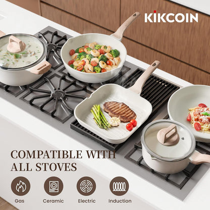 16Pcs Ceramic Pots and Pans Set Non Stick, Includes a 9.5" Grill Pan, Induction Kitchen Cookware Sets, White Nonstick RV Kitchen Camping Cooking Sets Stackable (PTFE, PFOS, PFOA Free)6
