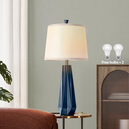 27'' Navy Blue Resin Table Lamps, Desk Lamps with 3 Color Temperature | Prism-Shaped Lamp Body, Rotary Switch, E26 Base, with Linen Shade, Desk Lamps for Living Room, Bedroom, 2 Bulbs Included2