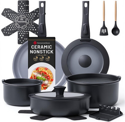 18-Piece Ceramic Pots and Pans Set Non Stick, Non Toxic Cookware Set with Removable Handles, Pot Sets for Cooking, Induction Ready, Dishwasher & Oven Safe, PFAS PFOA & PTFE Free (Black)1
