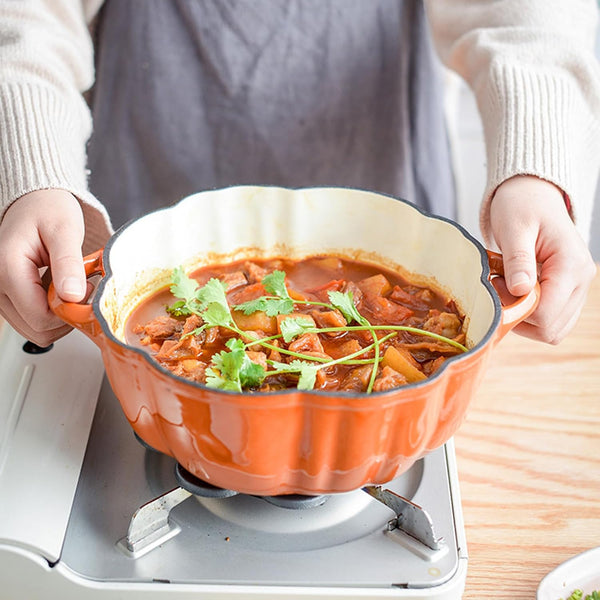 Cast Iron Dutch Oven, Pumpkin Shape Casserole Cooking Pot with Lid | Non-Stick Soup Pots Halloween Cooking Pot Enamel Cookware Crock Pots for Soup Porridge Stew6