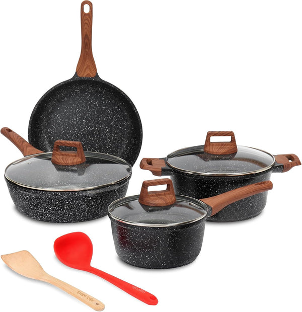 Nonstick Cookware Sets, 9 Pcs Granite Coating Pots and Pans Set Kitchen Cooking Set, Compatible with All Stovetops (Gas, Electric & Induction), PFOA Free, Black1