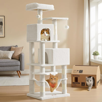 Feandrea Cat Tree, 59.5-Inch Tall Cat Tower, Plush Multi-Level Condo with 5 Scratching Posts, 2 Perches, 2 Caves, Hammock, 2 Pompoms, Light Gray UPCT192W0124