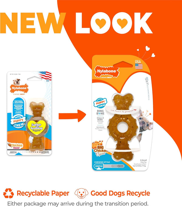 Nylabone Puppy Chew Teething Ring Bone Dog Toy, Chicken Flavor, X-Small | Soothing Teething Toys for Puppies, Puppy Enrichment, & Teething Relief, Freezable for Added Comfort, Dogs up to 15 Lbs2