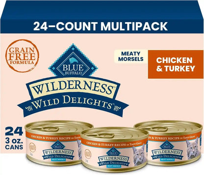 Blue Buffalo Wilderness Wild Delights High Protein Grain Free, Natural Adult Meaty Morsels Wet Cat Food, Chicken & Turkey, Chicken & Trout, Chicken & Salmon 3-Oz Cans (12 Count - 4 of Each Flavor)8
