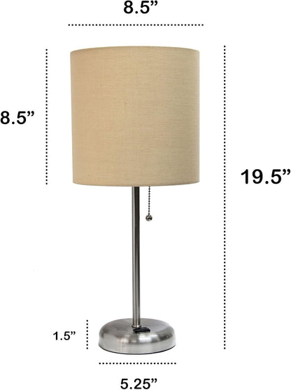 Oslo 19.5" Contemporary Bedside Power Outlet Base Standard Metal Table Desk Lamp in Brushed Steel with Tan Drum Fabric Shade3