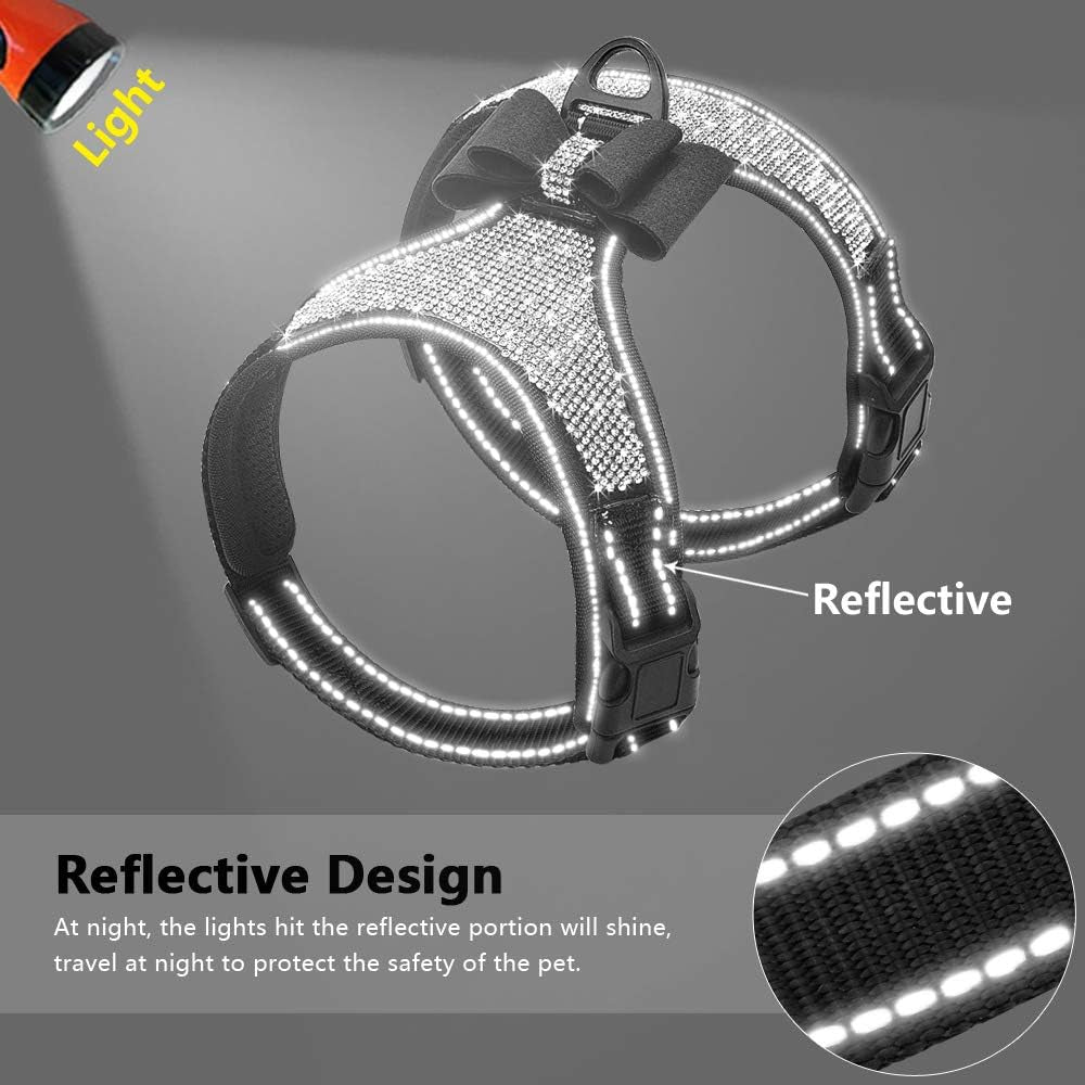 beirui-rhinestone-dog-harness-with-sparkly-bow-tie-black-s-chest-11-14-reflective-bling-nylon-soft-fleece-padded-for-small-large-dogs-walking-party-wedding