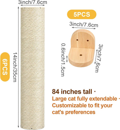 84" Tall Wall Mounted Cat Scratcher Post, Cat Wall Shelves Furniture, 6 Pcs 14 Inch Sisal Climbing Poles with 5 Brackets, Kitten Modular Scratch Tower, Space Saving Pet Supplies2