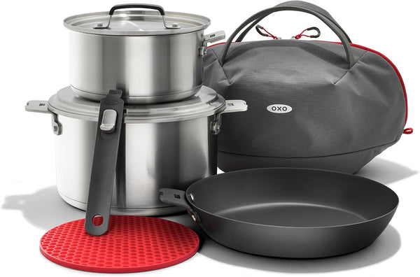 OXO Outdoor 8 Piece Camping Cookware Set, 10" Pre-Seasoned Carbon Steel Frying Pan Skillet, 2.25QT and 5QT Stainless Steel Saucepans with Lids, Removeable Handle, Trivet, Travel Bag, Space-Saving1