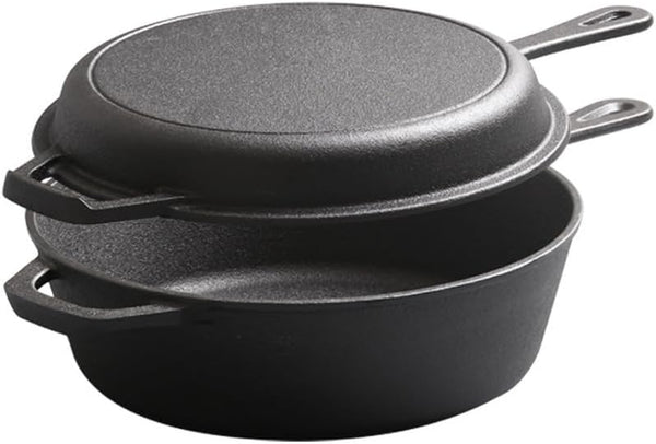 Cast Iron Double Dutch Oven Pot with Skillet Lid, Cast Iron Skillet 10 Inch & Dutch Oven 3 Quart for Grilling, Searing, Baking (3 Quarts)1