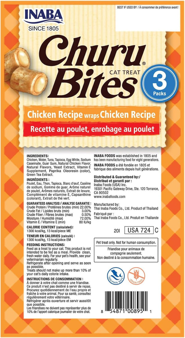 INABA Churu Bites Soft & Chewy Cat Treats, Chicken, 18Ct | Immune Support, 72% Moisture, Low Calorie, Pill-Friendly Center, Grain-Free, Preservative-Free, 18 X 0.35 Oz Tubes8