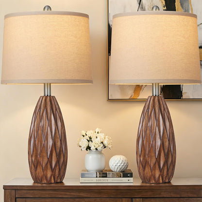 25'' Modern Table Lamp, Wood Grain Resin Table Lamp,Nightstand Lamp | Diamond-Shaped Resin Body, Rotary Switch,2 Bulbs Included, Bedside Lamps for Living Room, Bedroom, Office, Reading Light Home1